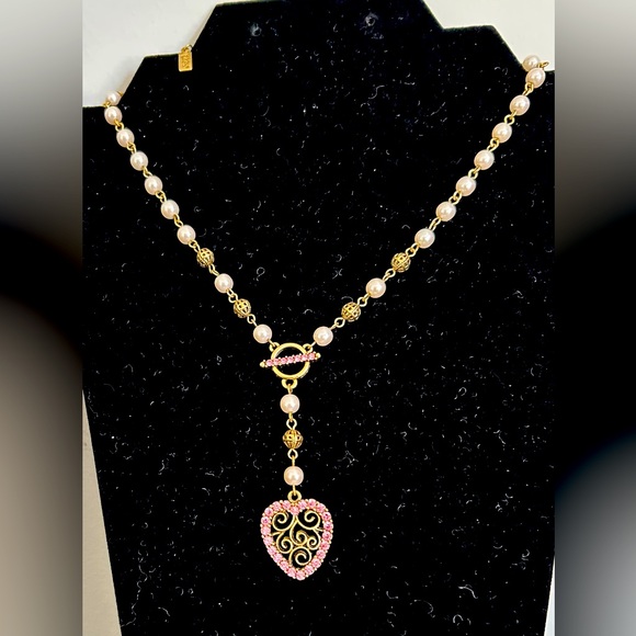 1928 drop statement necklace with simulated pearls and pink rhinestones - Picture 3 of 8